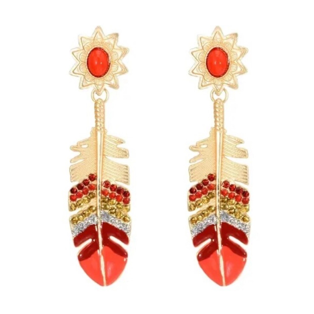 Stylish Red And Rhinestone Feather Gold Drop Earrings - Picture 4 of 14